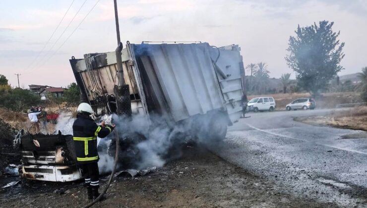 Güzelyurt Belediyesi’nin çöp kamyonu yanarak kullanılmaz hale geldi… Yangının muhtemel nedeni araçtan sızan yağın alevlenmesi